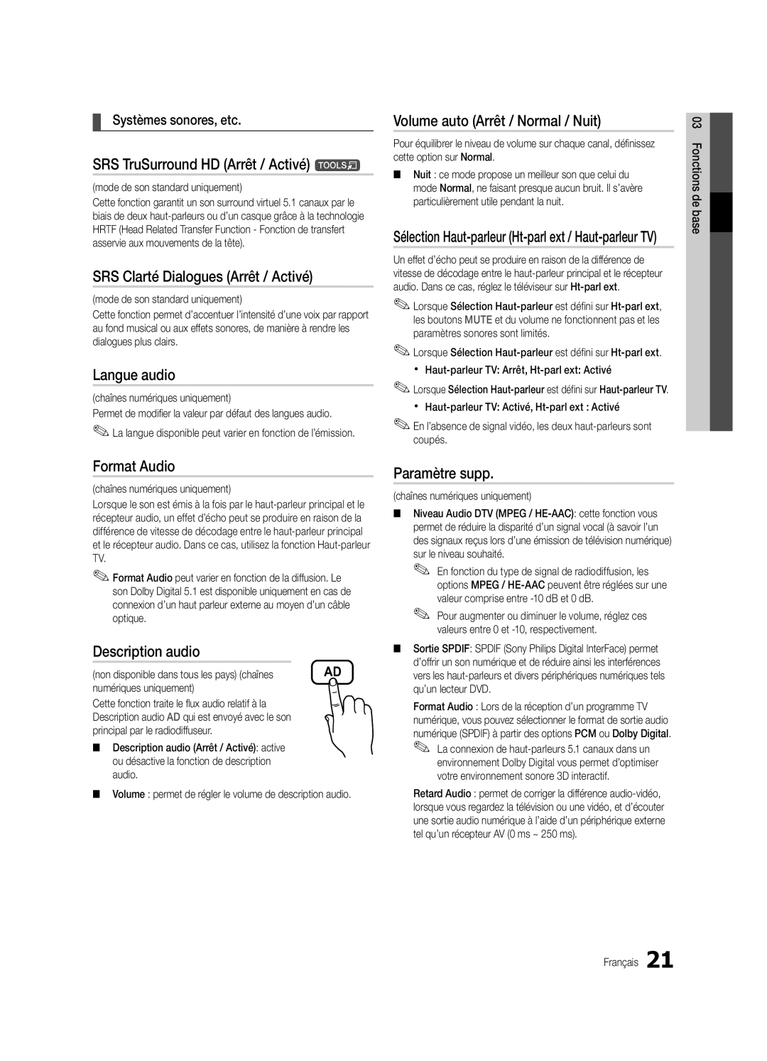 Samsung UE40C6880USXZG manual SRS TruSurround HD Arrêt / Activé t, SRS Clarté Dialogues Arrêt / Activé, Langue audio 