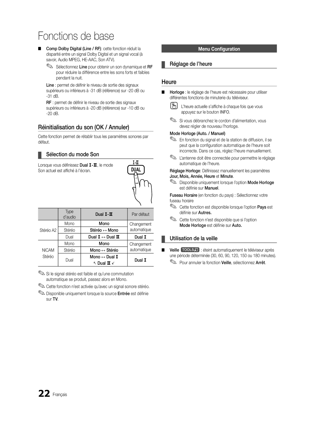 Samsung UE32C6880USXZG manual Réinitialisation du son OK / Annuler, Heure, Sélection du mode Son, Réglage de l’heure 