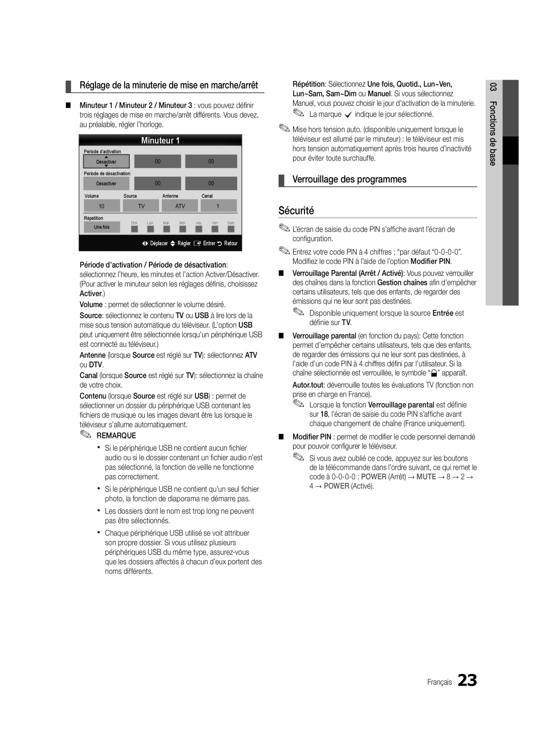 Samsung UE40C6880USXZG manual Sécurité, Verrouillage des programmes, Minuteur, La marque cindique le jour sélectionné 