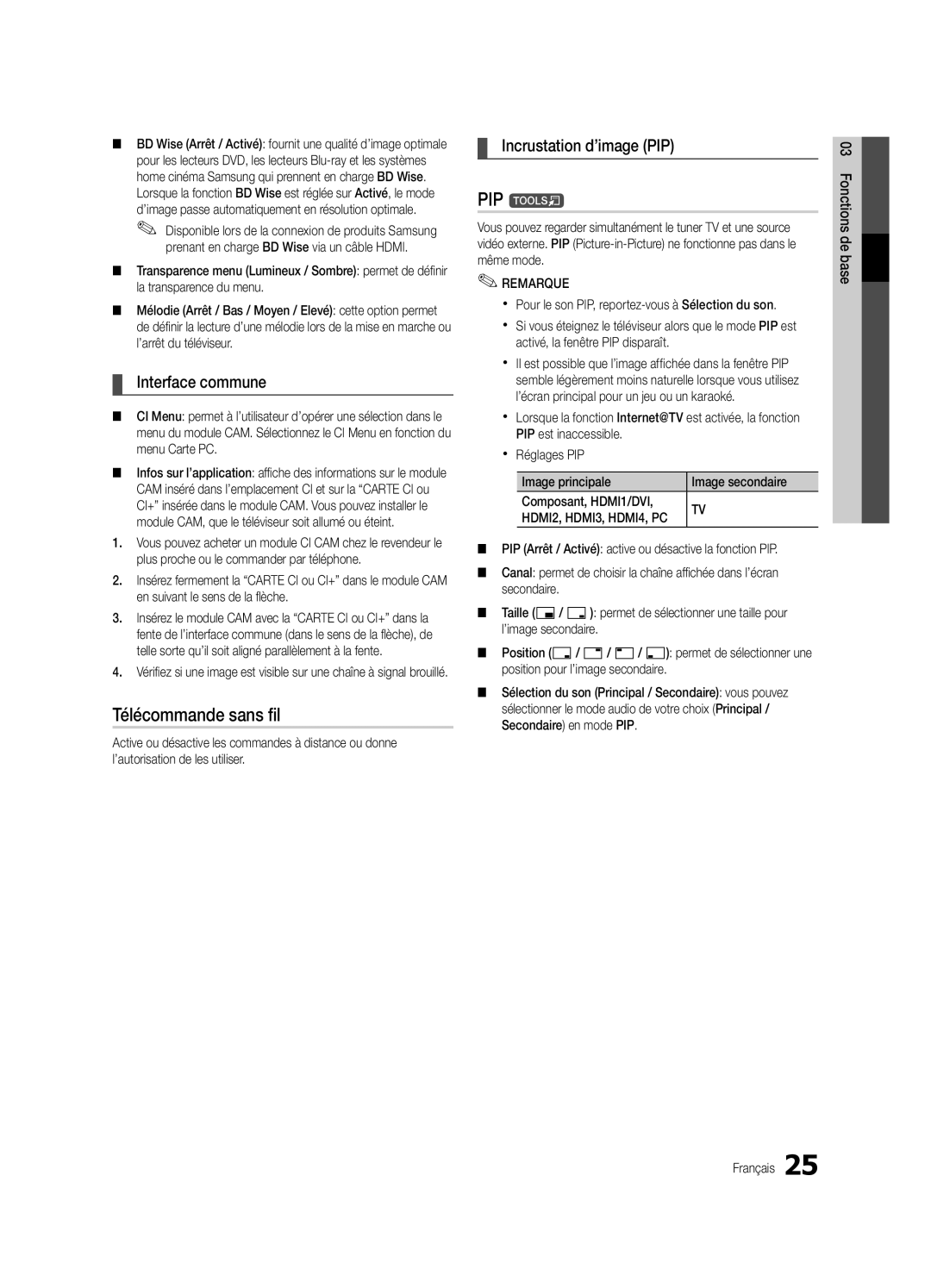 Samsung UE40C6880USXZG, UE32C6880USXZG manual Télécommande sans fil, Interface commune, Incrustation d’image PIP 