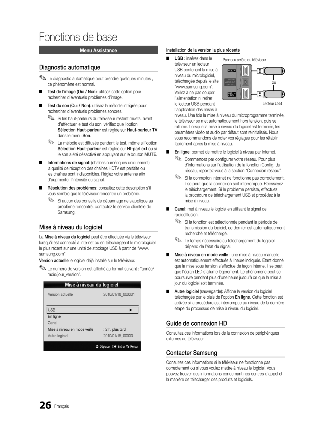 Samsung UE32C6880USXZG manual Diagnostic automatique, Mise à niveau du logiciel, Guide de connexion HD, Contacter Samsung 