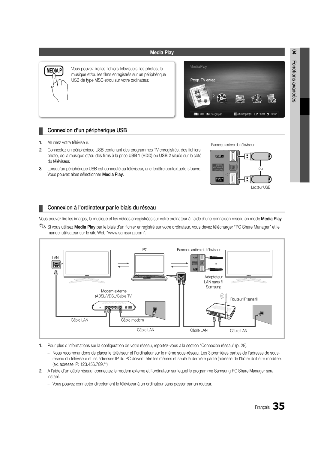 Samsung UE40C6880USXZG manual Connexion d’un périphérique USB, Connexion à l’ordinateur par le biais du réseau, Lecteur USB 