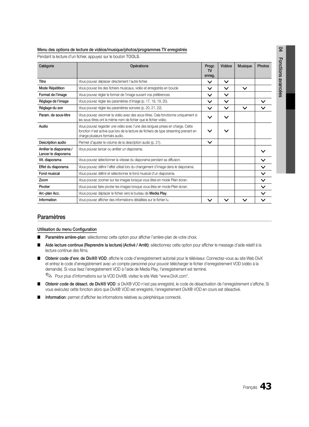 Samsung UE40C6880USXZG Paramètres, Lecture continue des films, Catégorie Opérations Progr Vidéos Musique Photos, Pivoter 