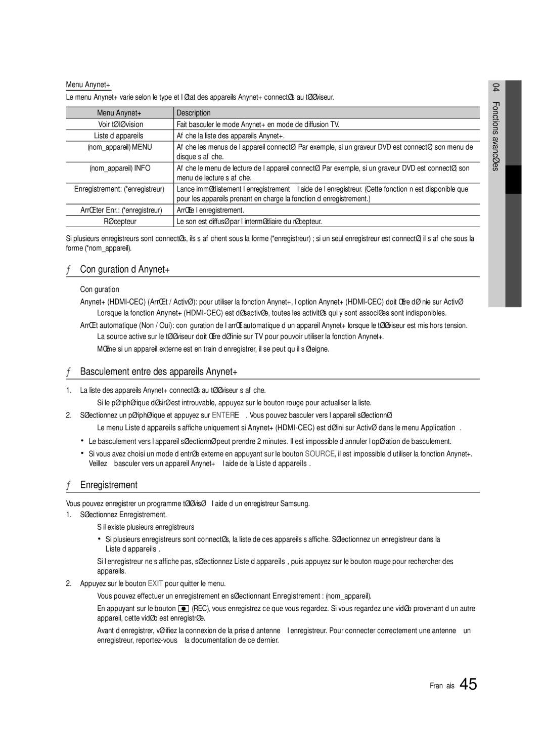 Samsung UE40C6880USXZG, UE32C6880USXZG Configuration d’Anynet+, Basculement entre des appareils Anynet+, Enregistrement 