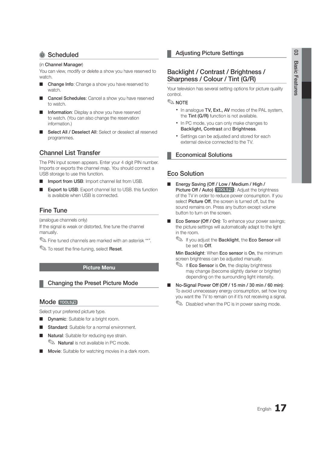 Samsung UE40C6880USXZG, UE32C6880USXZG manual Scheduled, Channel List Transfer, Fine Tune, Mode t, Eco Solution 