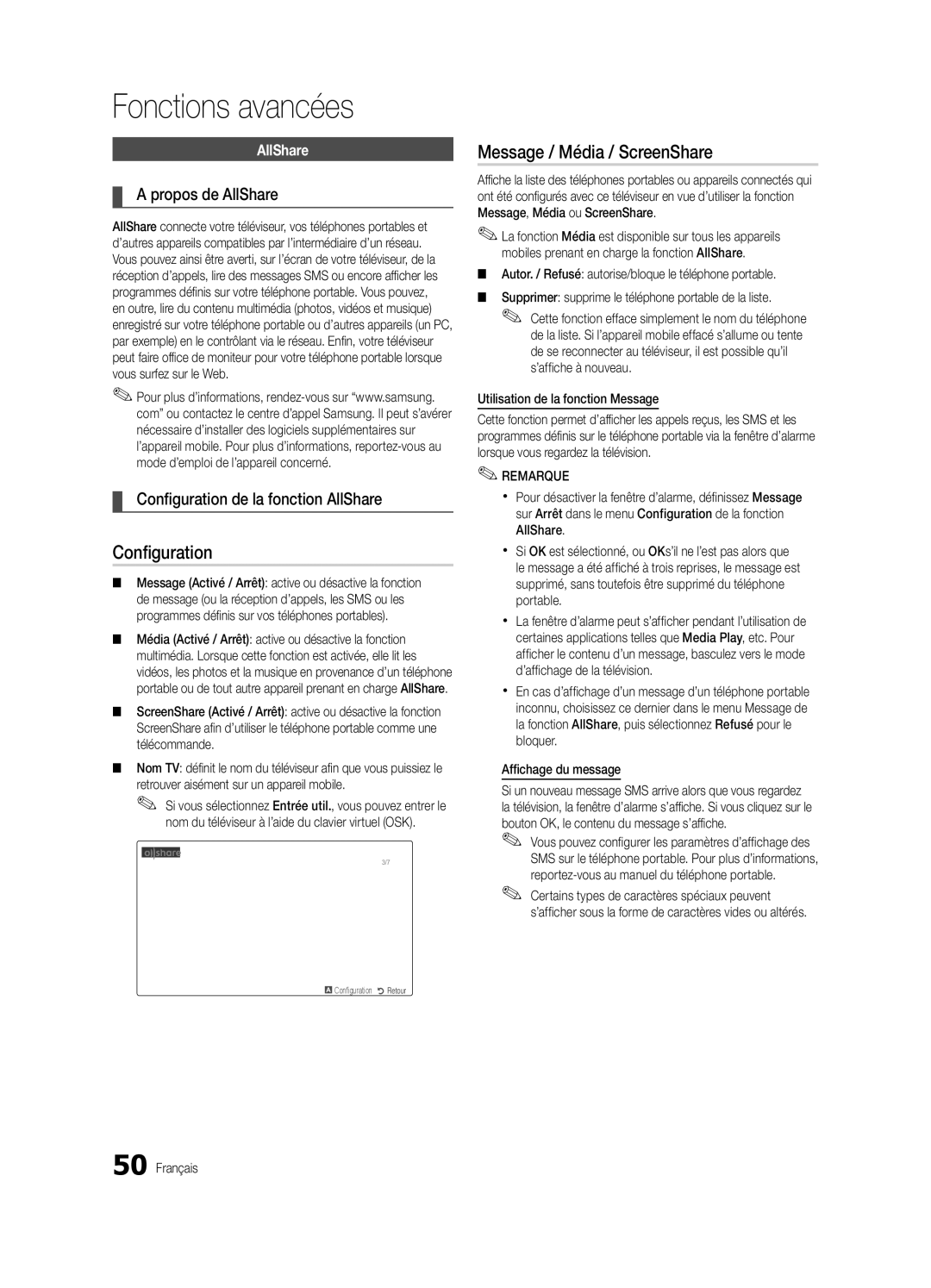 Samsung UE32C6880USXZG manual Message / Média / ScreenShare, Propos de AllShare, Configuration de la fonction AllShare 