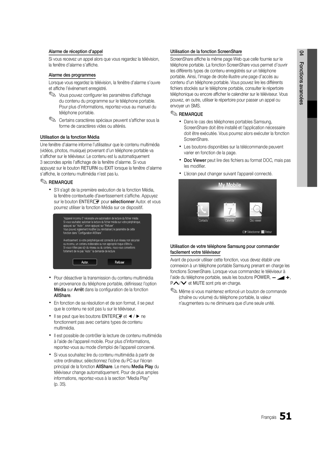 Samsung UE40C6880USXZG, UE32C6880USXZG manual Utilisation de la fonction Média, Utilisation de la fonction ScreenShare 