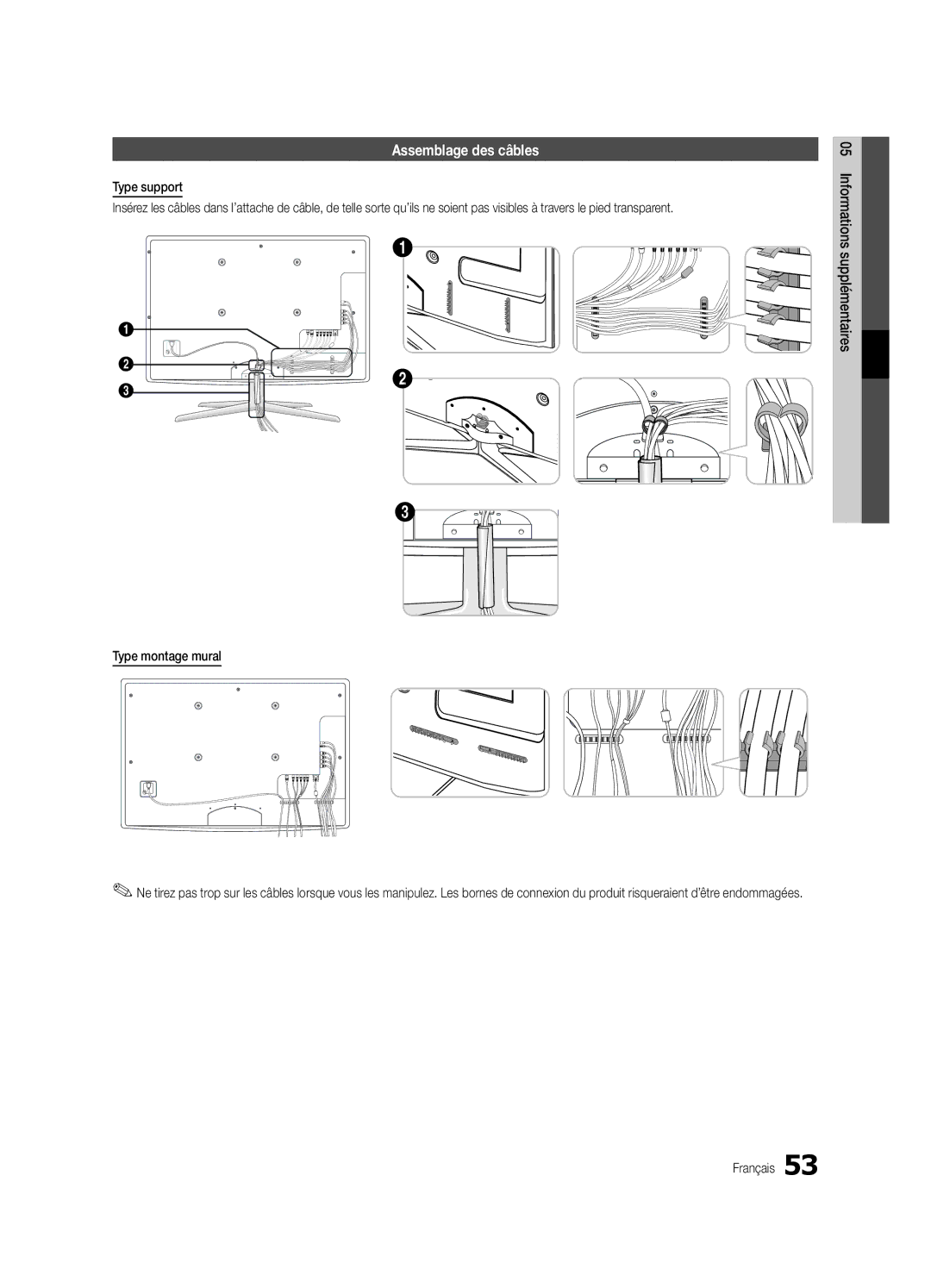 Samsung UE40C6880USXZG, UE32C6880USXZG manual Assemblage des câbles, Type montage mural 