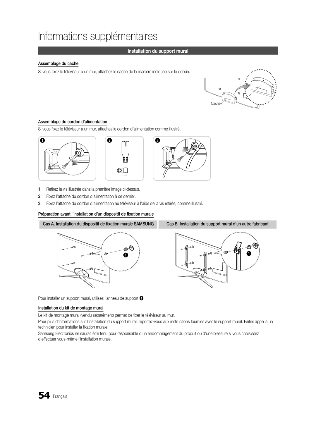 Samsung UE32C6880USXZG, UE40C6880USXZG manual Installation du support mural, Cache 