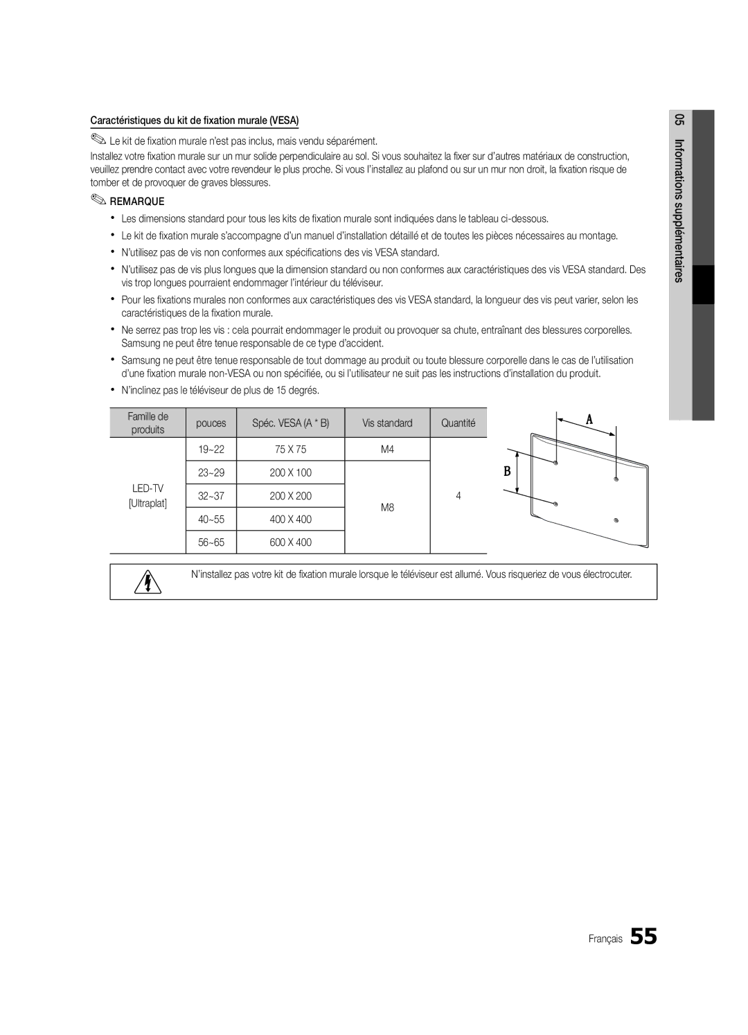 Samsung UE40C6880USXZG, UE32C6880USXZG manual Xx N’inclinez pas le téléviseur de plus de 15 degrés, Quantité, 19~22, 40~55 