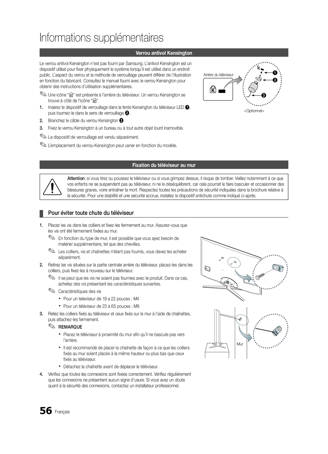 Samsung UE32C6880USXZG Pour éviter toute chute du téléviseur, Verrou antivol Kensington, Fixation du téléviseur au mur 