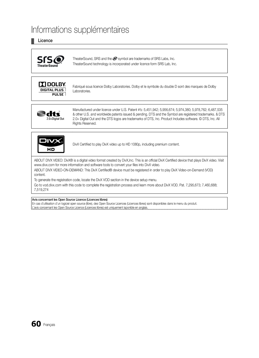 Samsung UE32C6880USXZG, UE40C6880USXZG manual Avis concernant les Open Source Licence Licences libres 