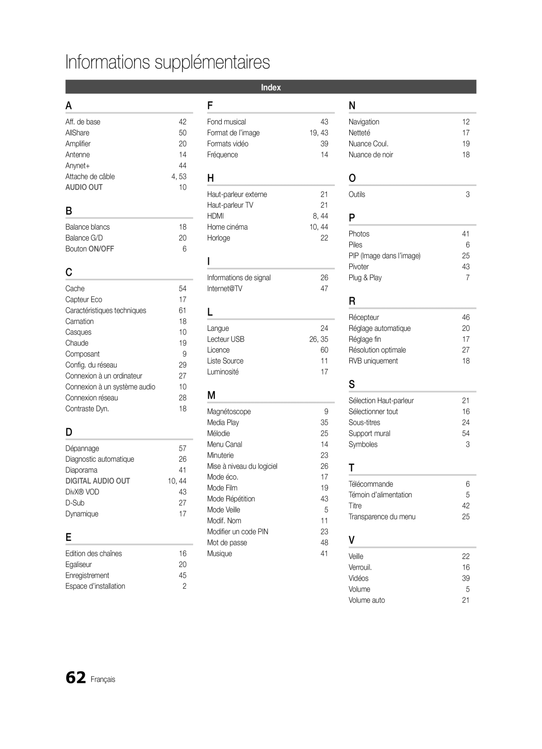 Samsung UE32C6880USXZG, UE40C6880USXZG manual Index, Connexion à un système audio 