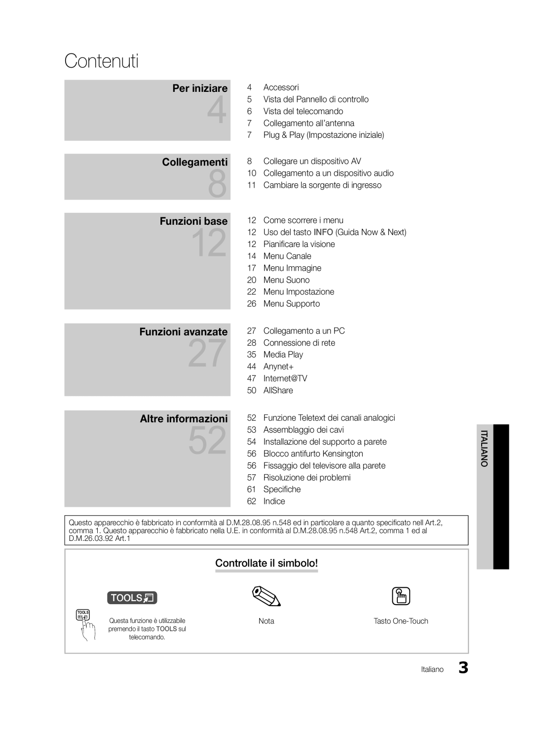 Samsung UE40C6880USXZG, UE32C6880USXZG manual Contenuti, Controllate il simbolo 