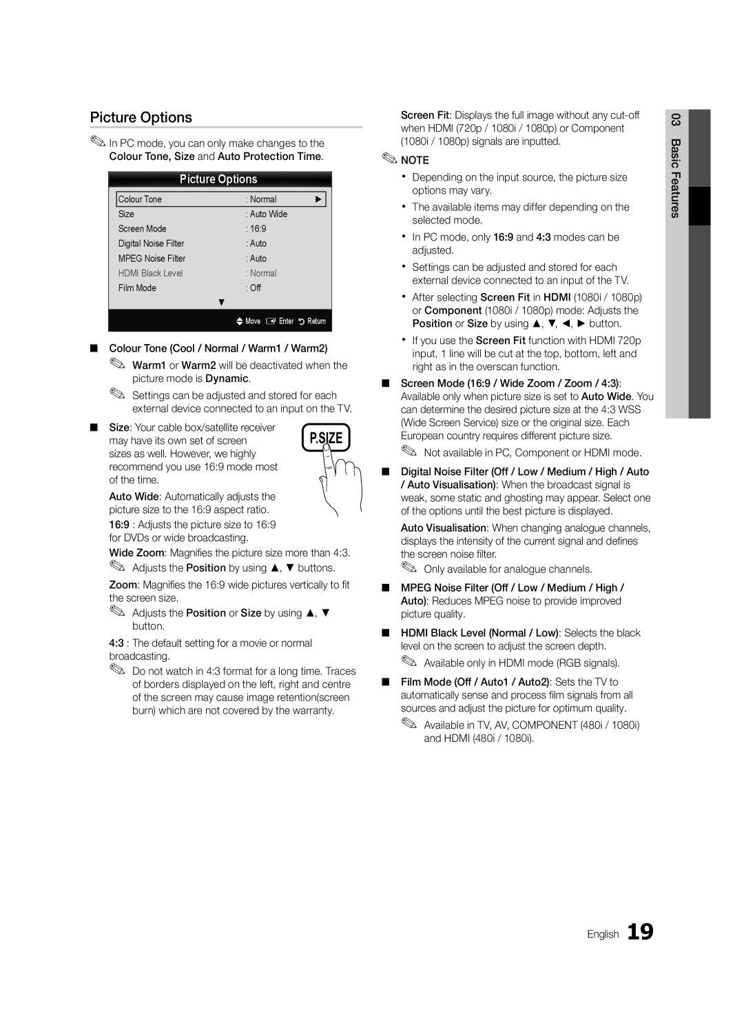 Samsung UE40C6880USXZG manual Picture Options, Size Your cable box/satellite receiver, May have its own set of screen 