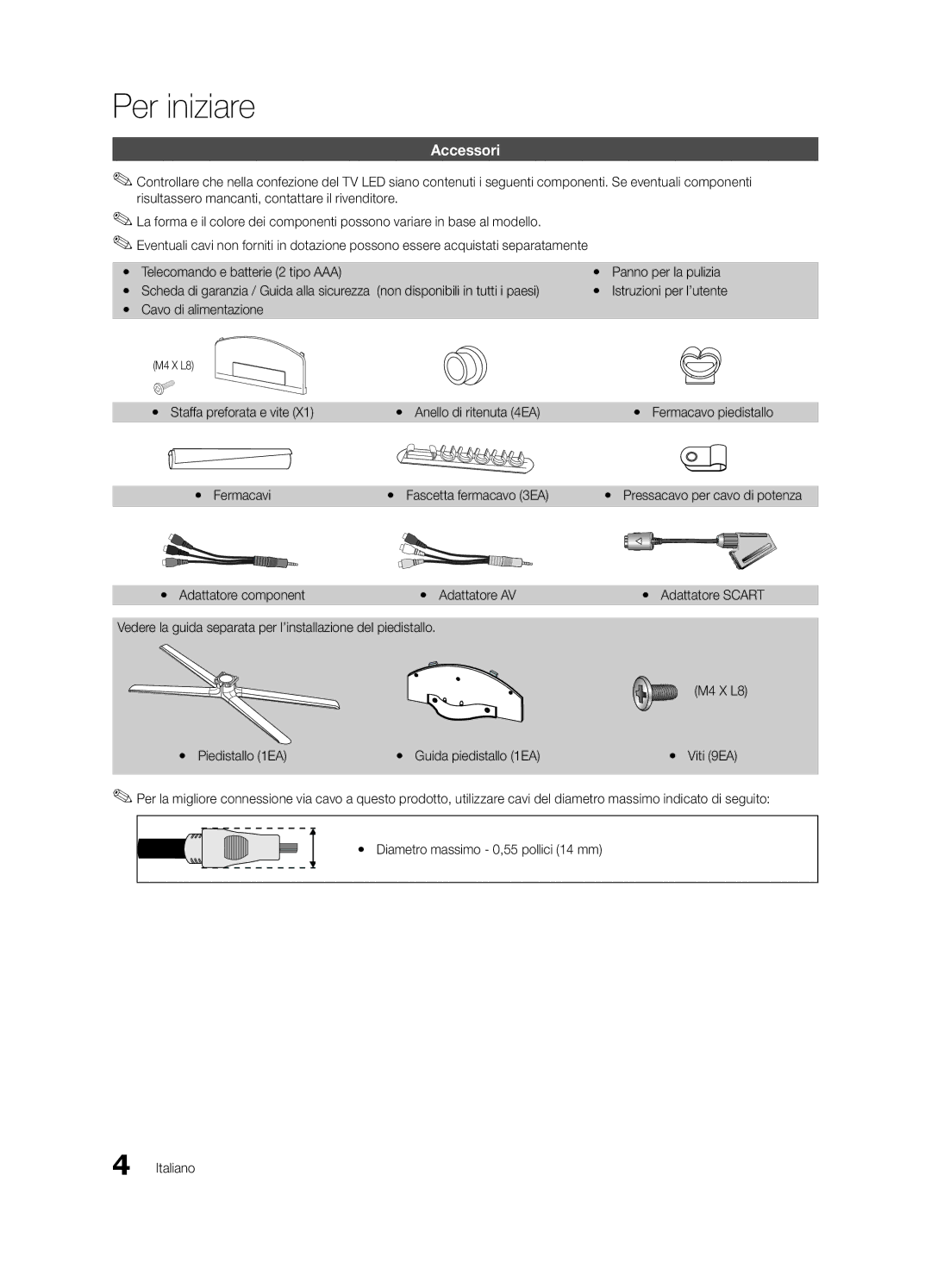 Samsung UE32C6880USXZG, UE40C6880USXZG manual Per iniziare, Accessori, Yy Staffa preforata e vite Yy Anello di ritenuta 4EA 