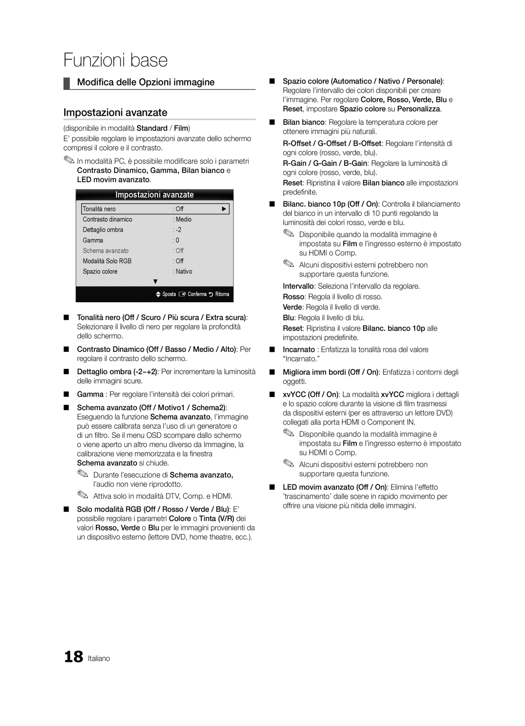 Samsung UE32C6880USXZG Impostazioni avanzate, Modifica delle Opzioni immagine, Modalità Solo RGB Off Spazio colore Nativo 