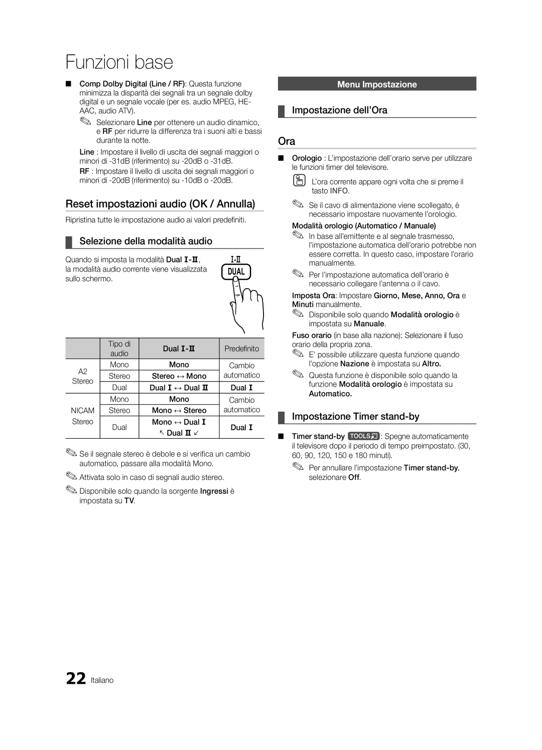 Samsung UE32C6880USXZG Reset impostazioni audio OK / Annulla, Selezione della modalità audio, Impostazione dell’Ora 