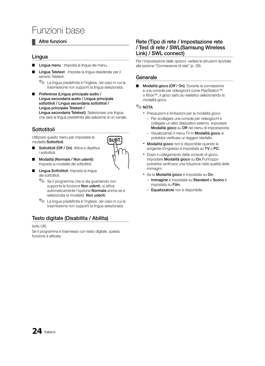 Samsung UE32C6880USXZG, UE40C6880USXZG manual Lingua, Sottotitoli, Testo digitale Disabilita / Abilita, Generale 