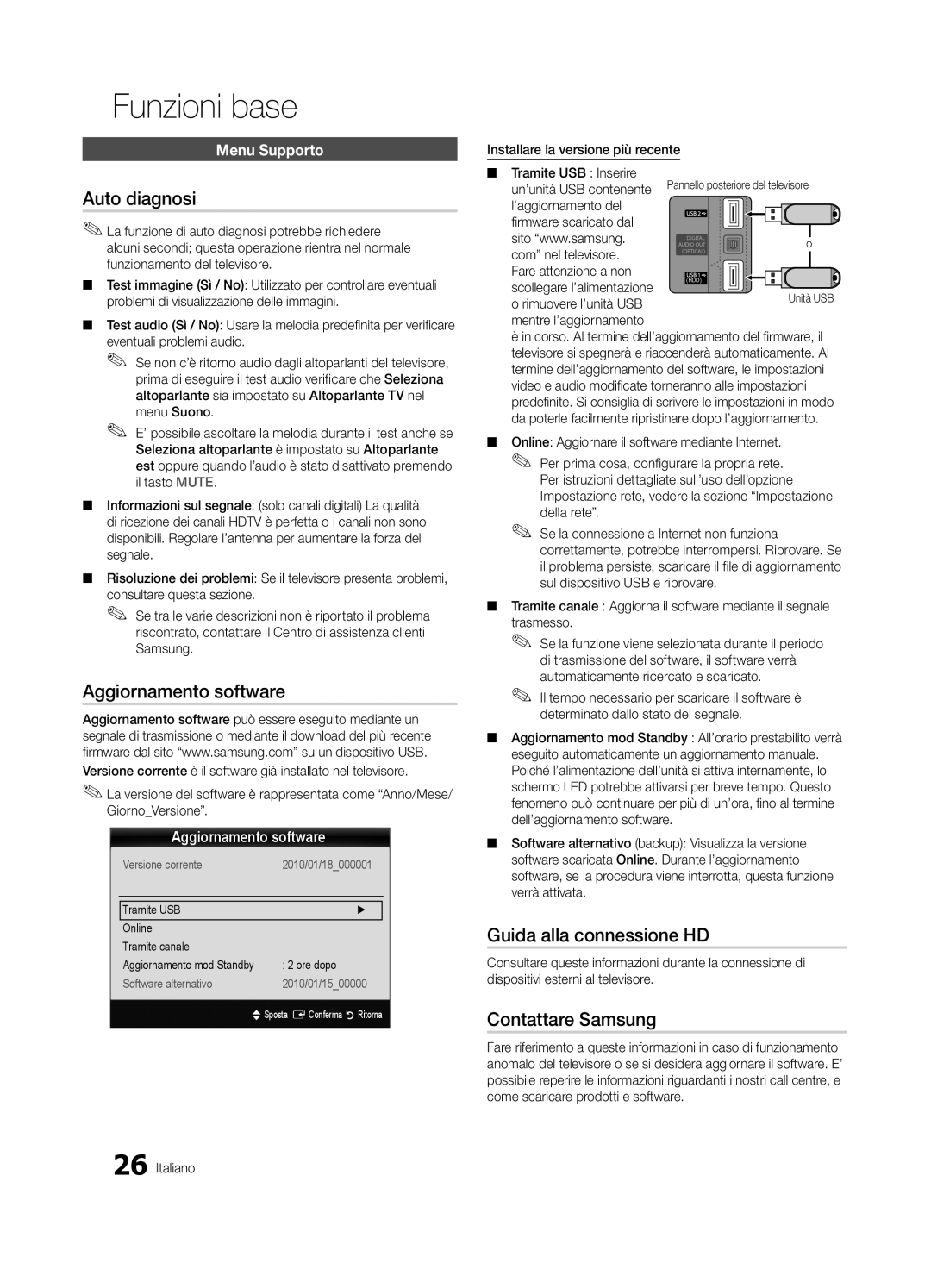 Samsung UE32C6880USXZG manual Auto diagnosi, Aggiornamento software, Guida alla connessione HD, Contattare Samsung 