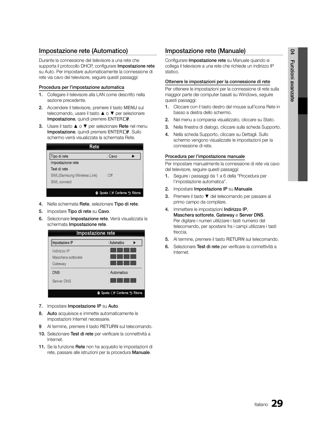 Samsung UE40C6880USXZG, UE32C6880USXZG manual Impostazione rete Automatico, Impostazione rete Manuale, Rete 