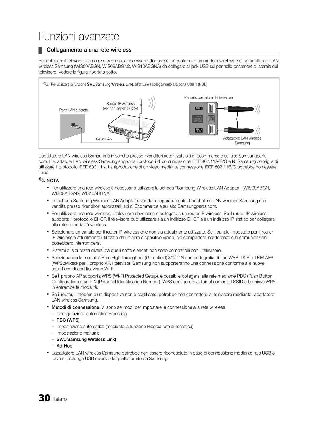 Samsung UE32C6880USXZG, UE40C6880USXZG manual Collegamento a una rete wireless, Porta LAN a parete 