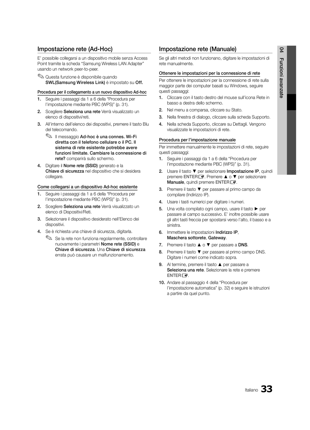 Samsung UE40C6880USXZG, UE32C6880USXZG manual Impostazione rete Ad-Hoc, Impostazione rete Manuale 