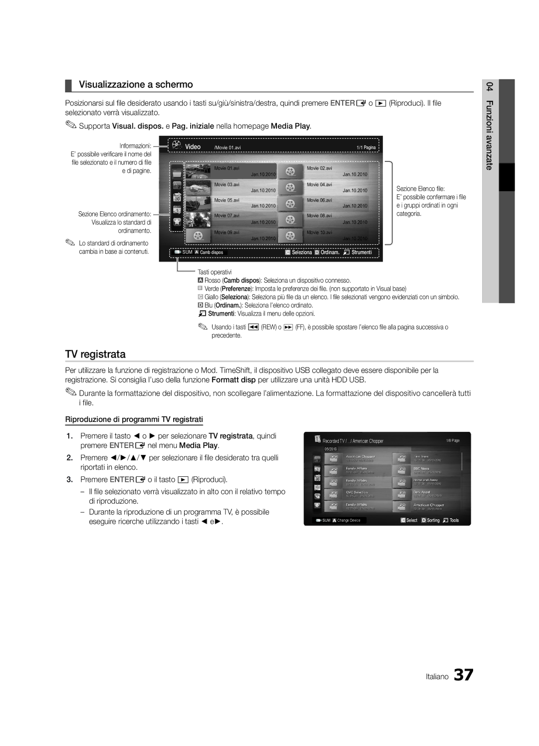 Samsung UE40C6880USXZG manual TV registrata, Visualizzazione a schermo, Avanzate, Informazioni, Sezione Elenco file 