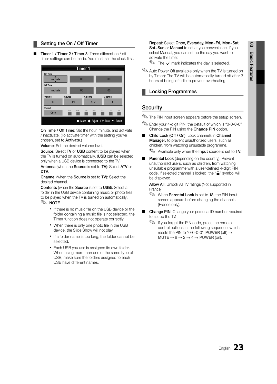 Samsung UE40C6880USXZG, UE32C6880USXZG manual Security, Setting the On / Off Timer, Locking Programmes 