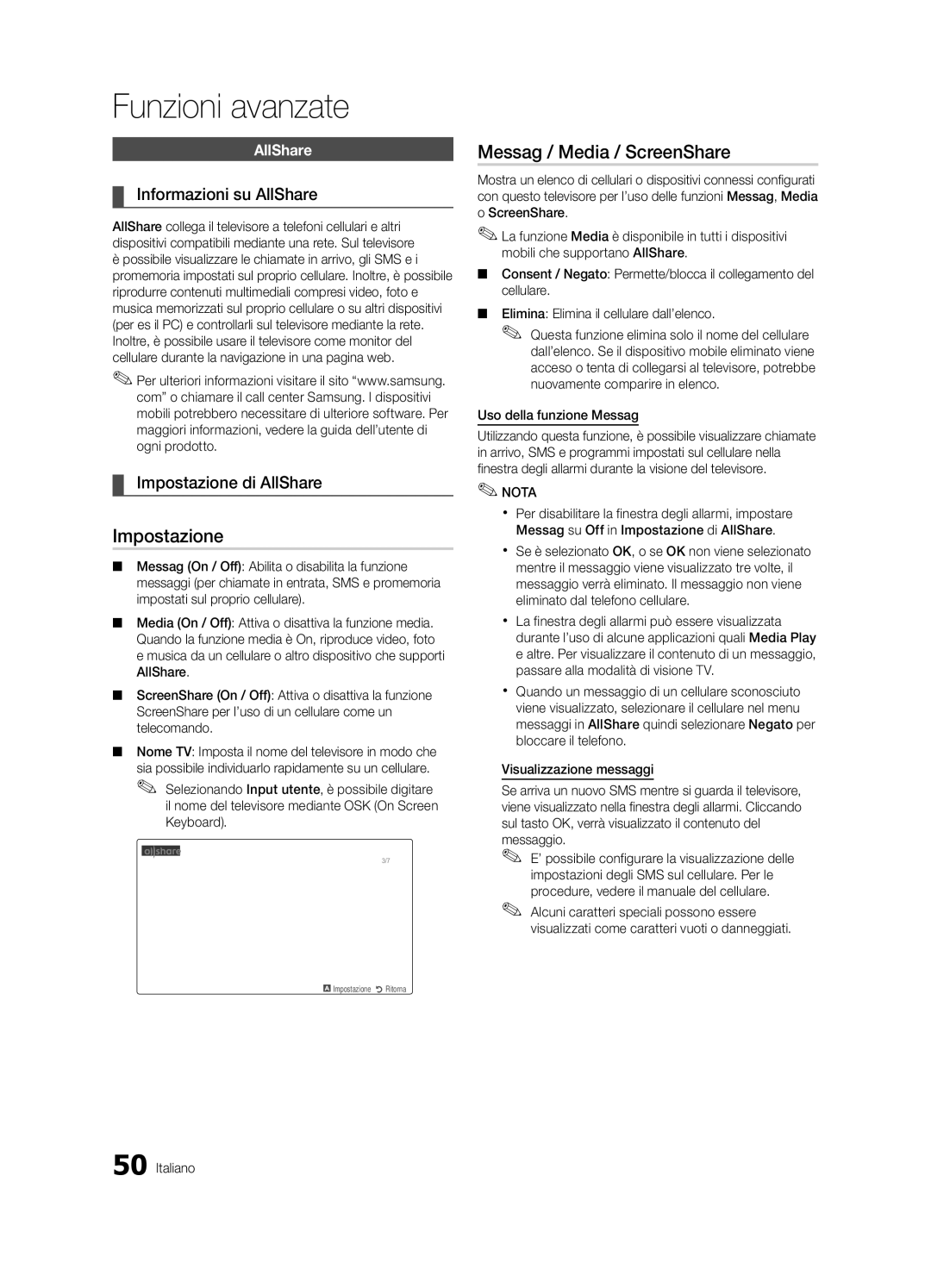 Samsung UE32C6880USXZG manual Messag / Media / ScreenShare, Informazioni su AllShare, Impostazione di AllShare 