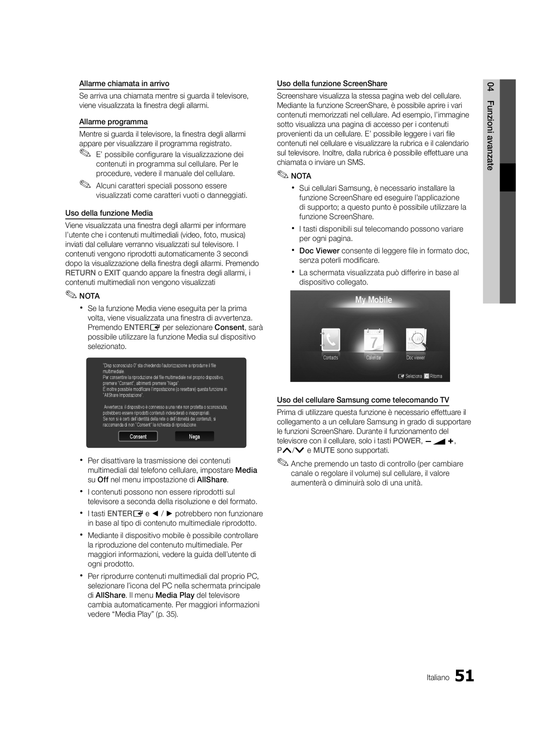 Samsung UE40C6880USXZG, UE32C6880USXZG manual Allarme chiamata in arrivo, Allarme programma, Uso della funzione Media 