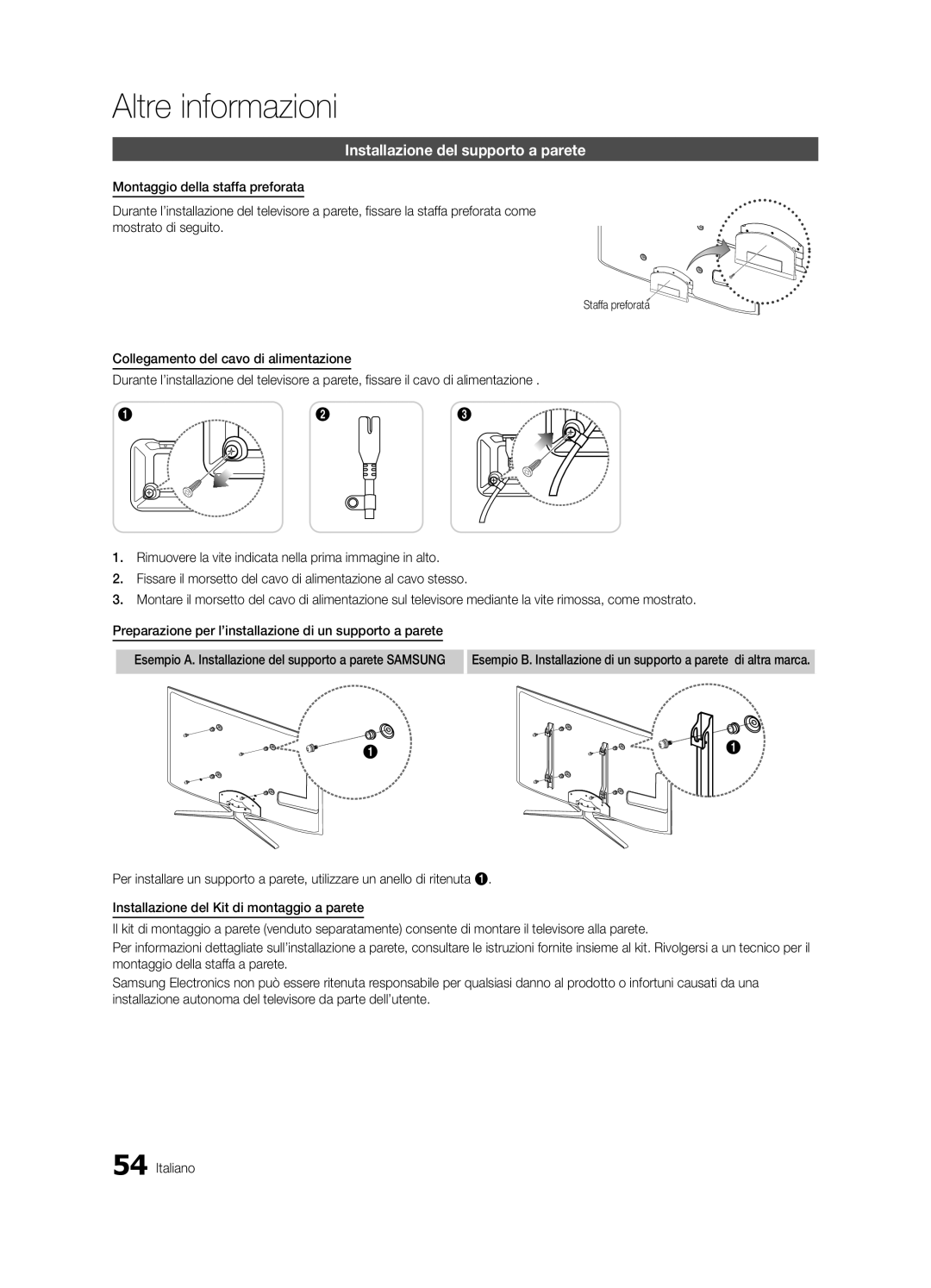 Samsung UE32C6880USXZG, UE40C6880USXZG manual Esempio A. Installazione del supporto a parete Samsung 