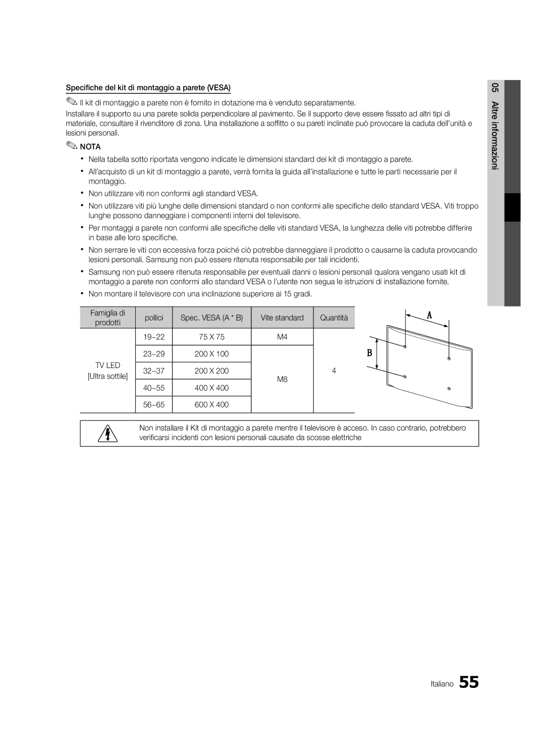 Samsung UE40C6880USXZG, UE32C6880USXZG manual Vite standard Quantità, Prodotti, 19~22 75 X 23~29 200 X, 32~37 200 X 