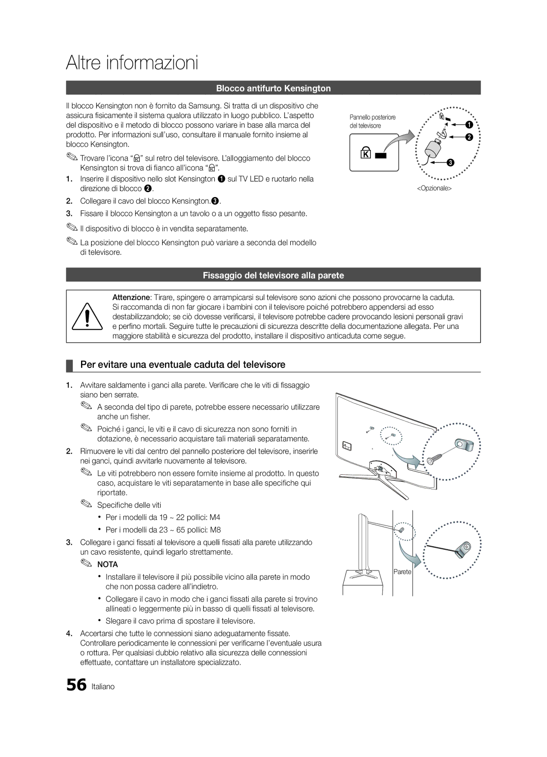 Samsung UE32C6880USXZG, UE40C6880USXZG manual Per evitare una eventuale caduta del televisore, Blocco antifurto Kensington 