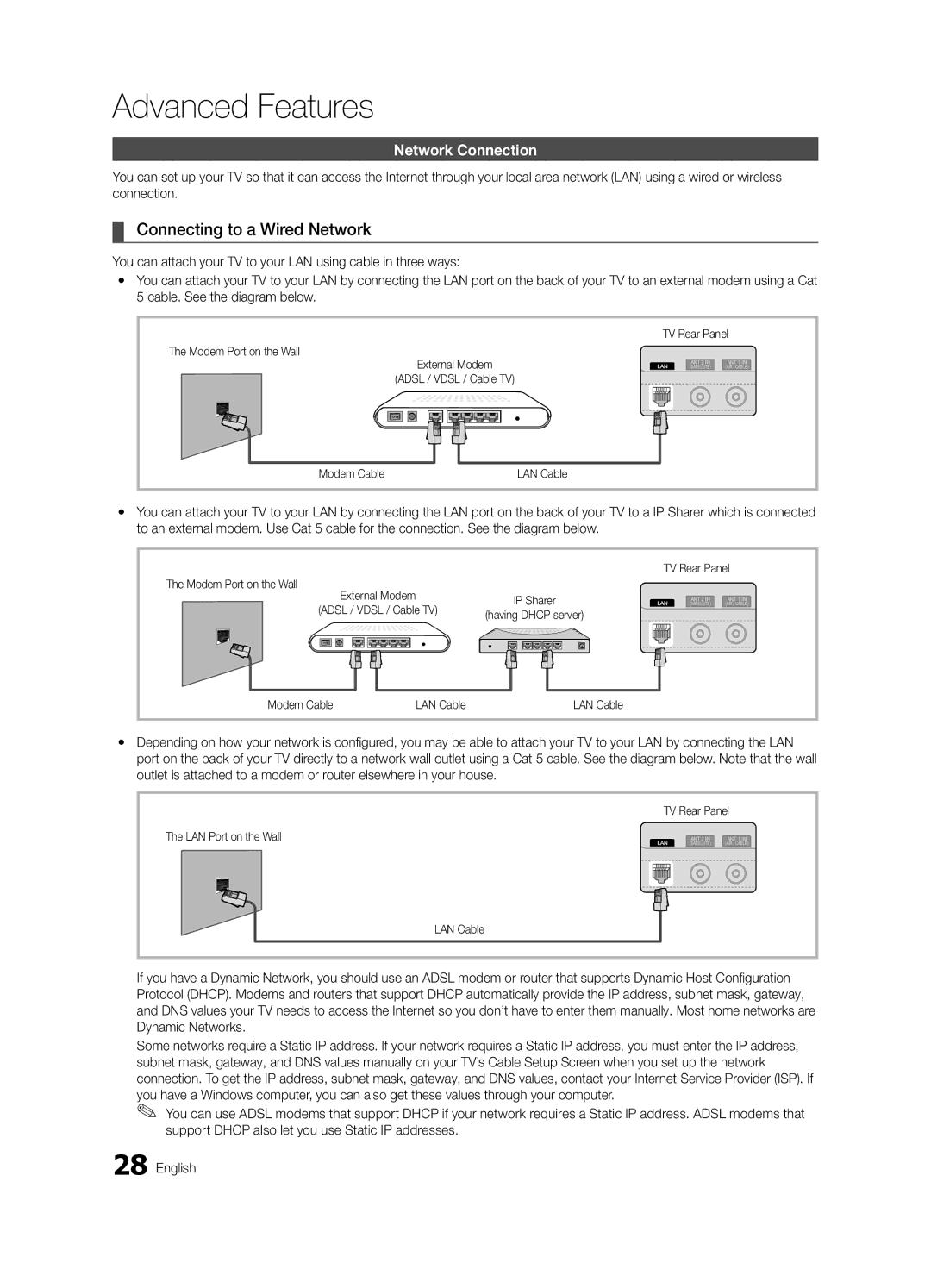 Samsung UE32C6880USXZG Connecting to a Wired Network, Network Connection, Modem Port on the Wall, Modem Cable LAN Cable 