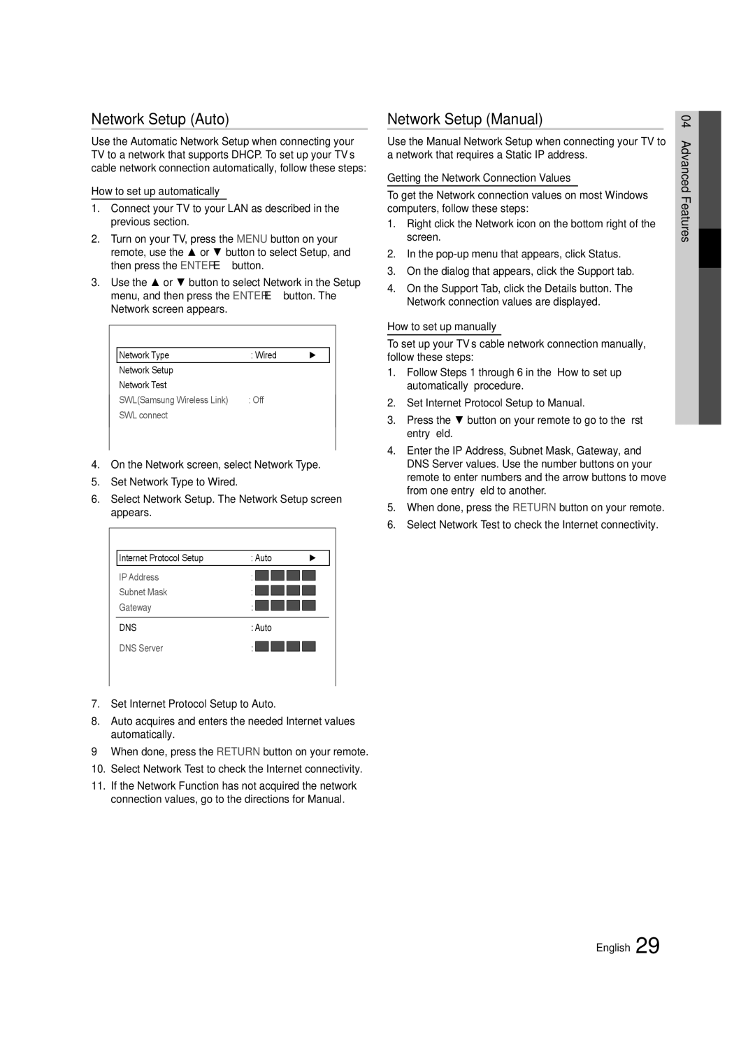 Samsung UE40C6880USXZG manual Network Setup Auto, Network Setup Manual, Network Type Wired Network Setup Network Test 