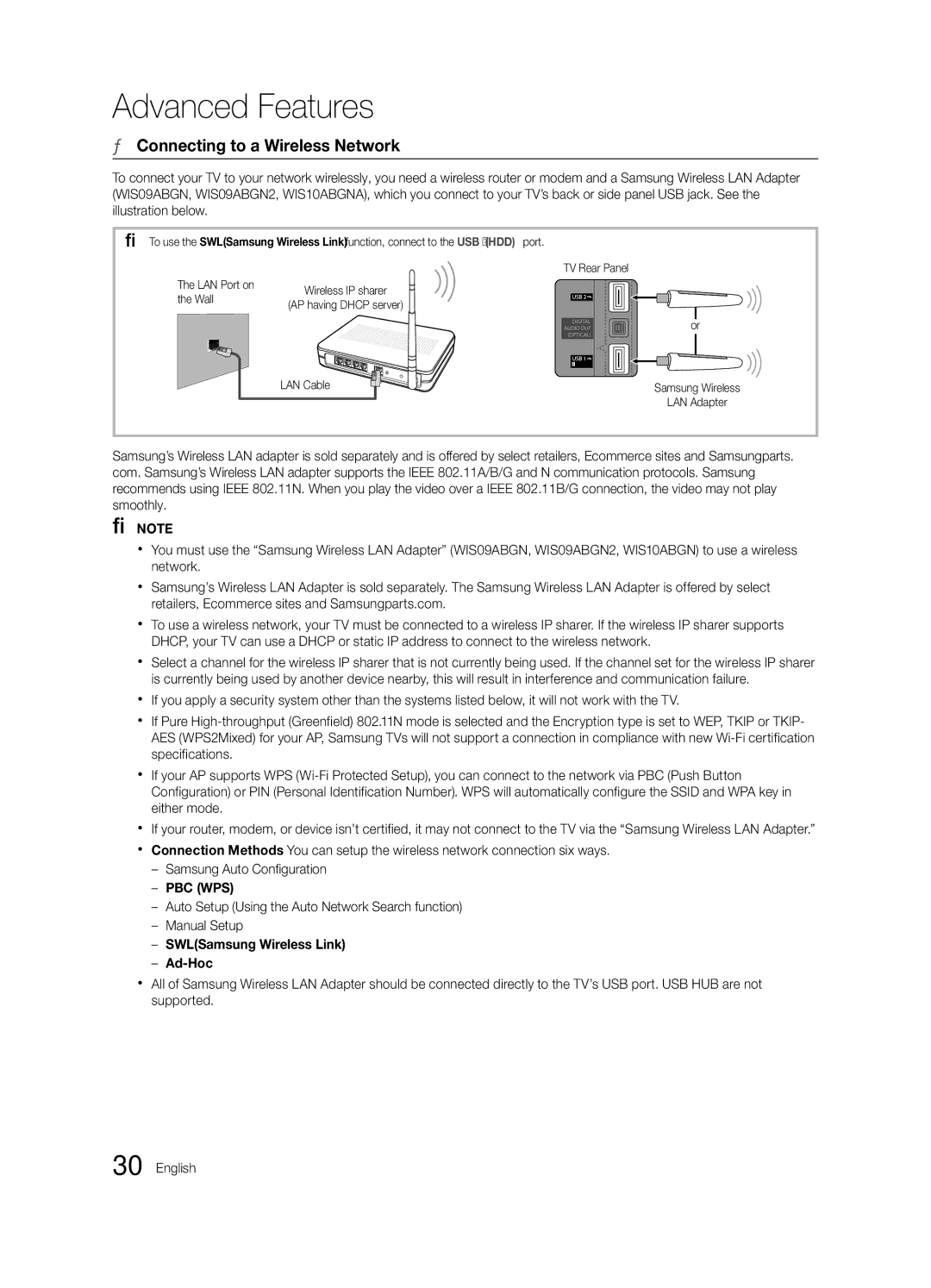 Samsung UE32C6880USXZG, UE40C6880USXZG manual Connecting to a Wireless Network, Wall 