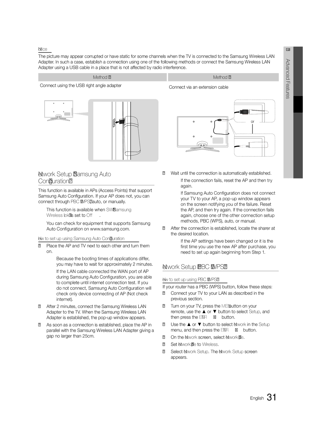 Samsung UE40C6880USXZG manual Network Setup Samsung Auto Configuration, Network Setup PBC WPS, Again, Desired location 