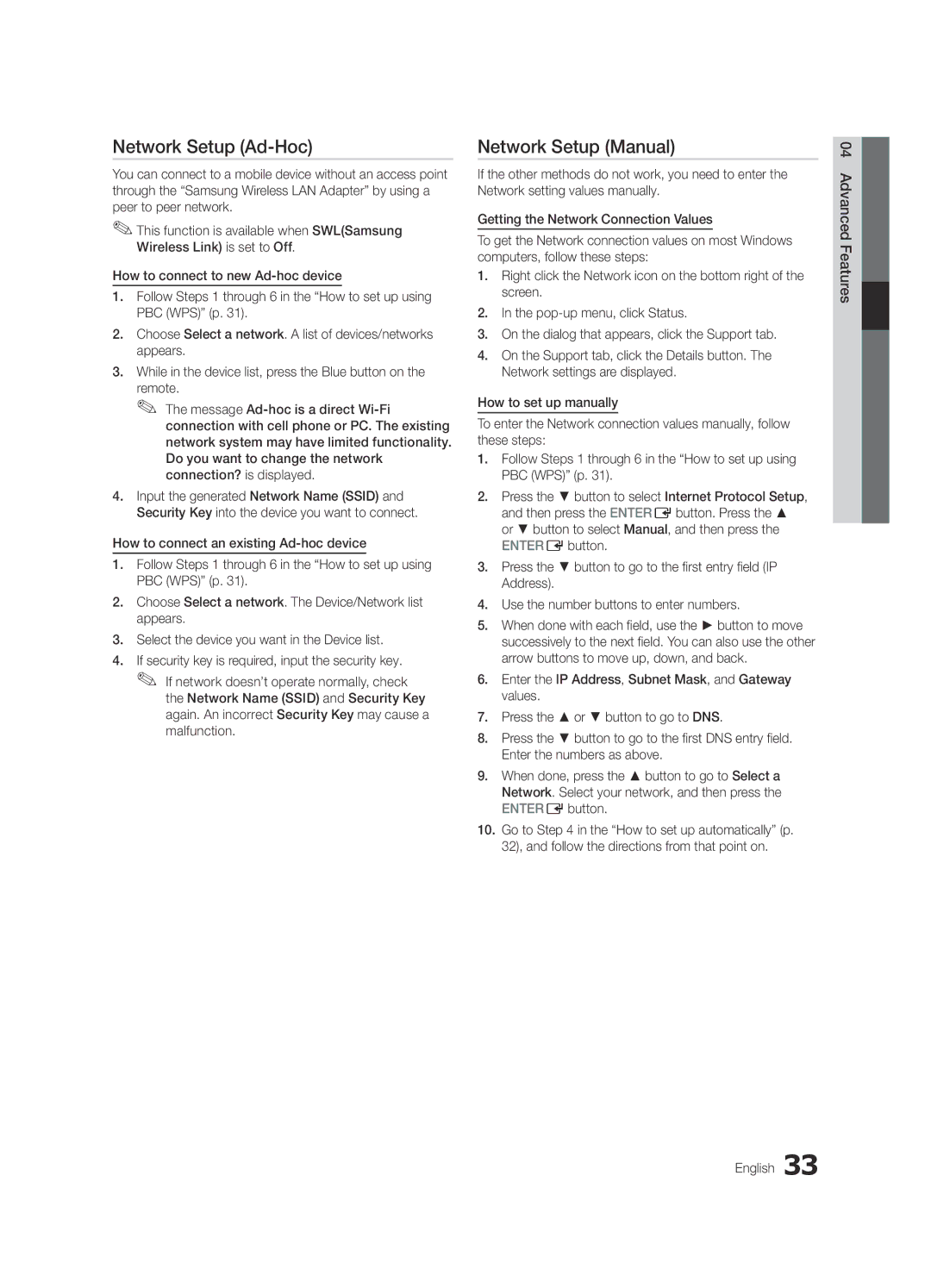 Samsung UE40C6880USXZG, UE32C6880USXZG manual Network Setup Ad-Hoc, Advanced Features English 