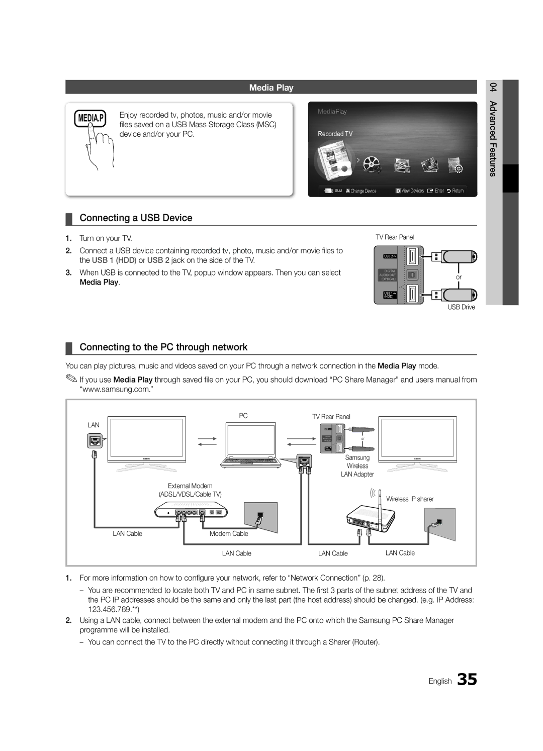 Samsung UE40C6880USXZG, UE32C6880USXZG manual Connecting a USB Device, Connecting to the PC through network, Media Play 