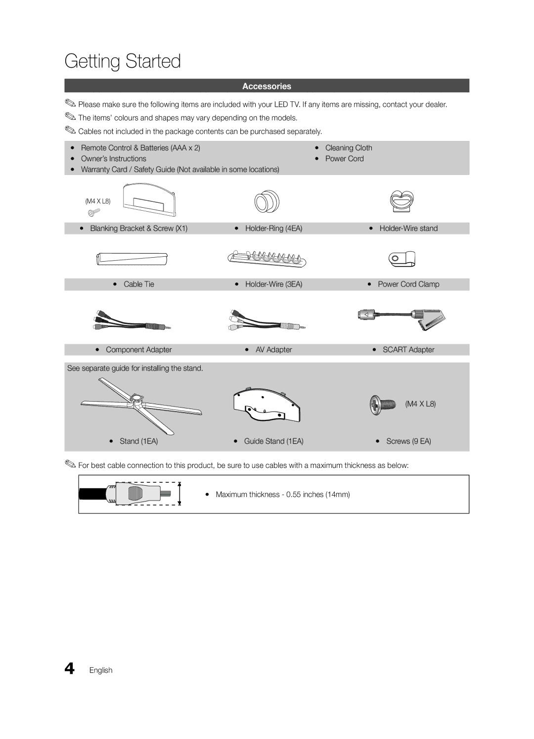 Samsung UE32C6880USXZG, UE40C6880USXZG manual Getting Started, Accessories, Yy Blanking Bracket & Screw Yy Holder-Ring 4EA 