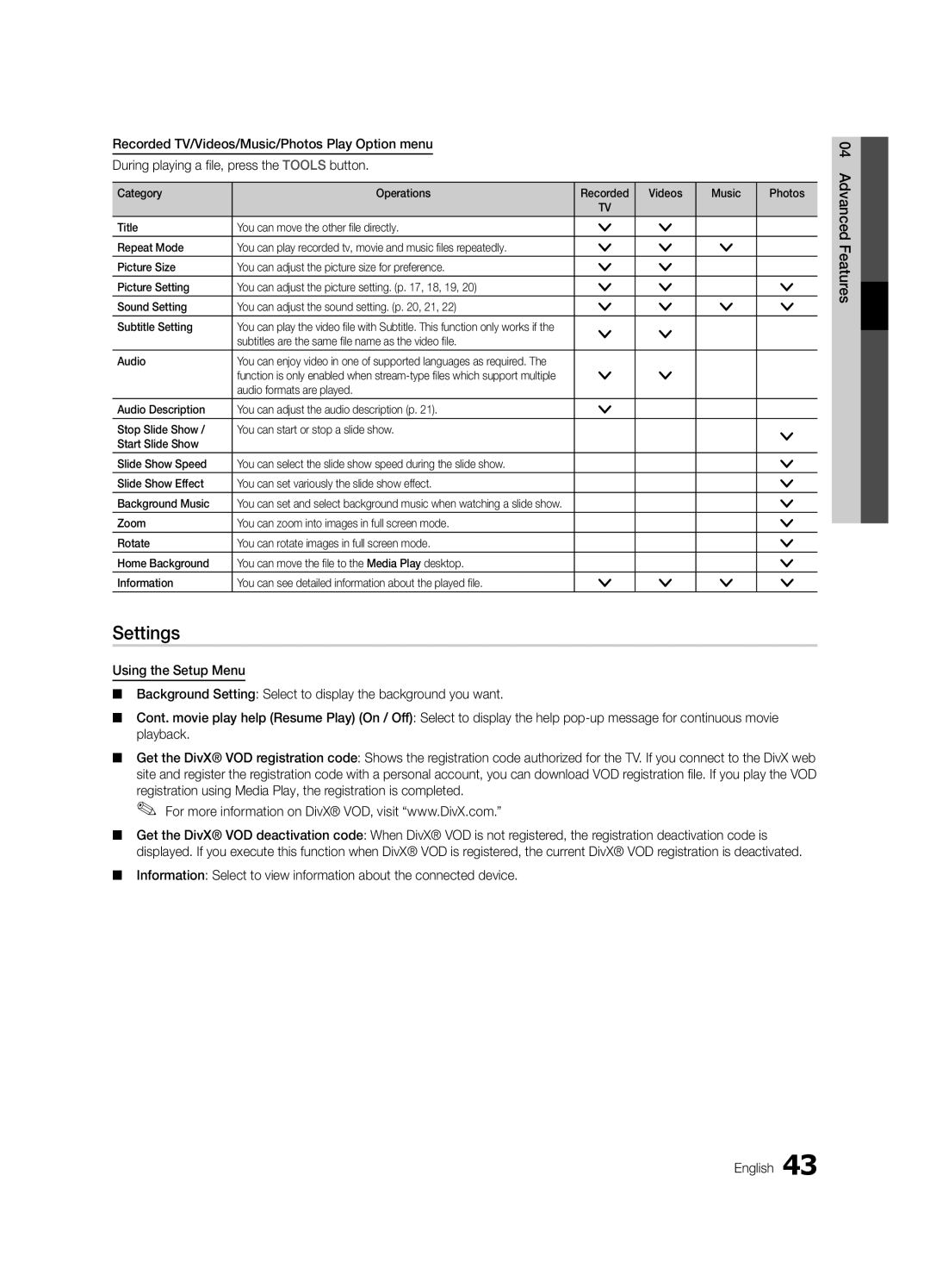 Samsung UE40C6880USXZG, UE32C6880USXZG Settings, Recorded TV/Videos/Music/Photos Play Option menu, Press the Tools button 