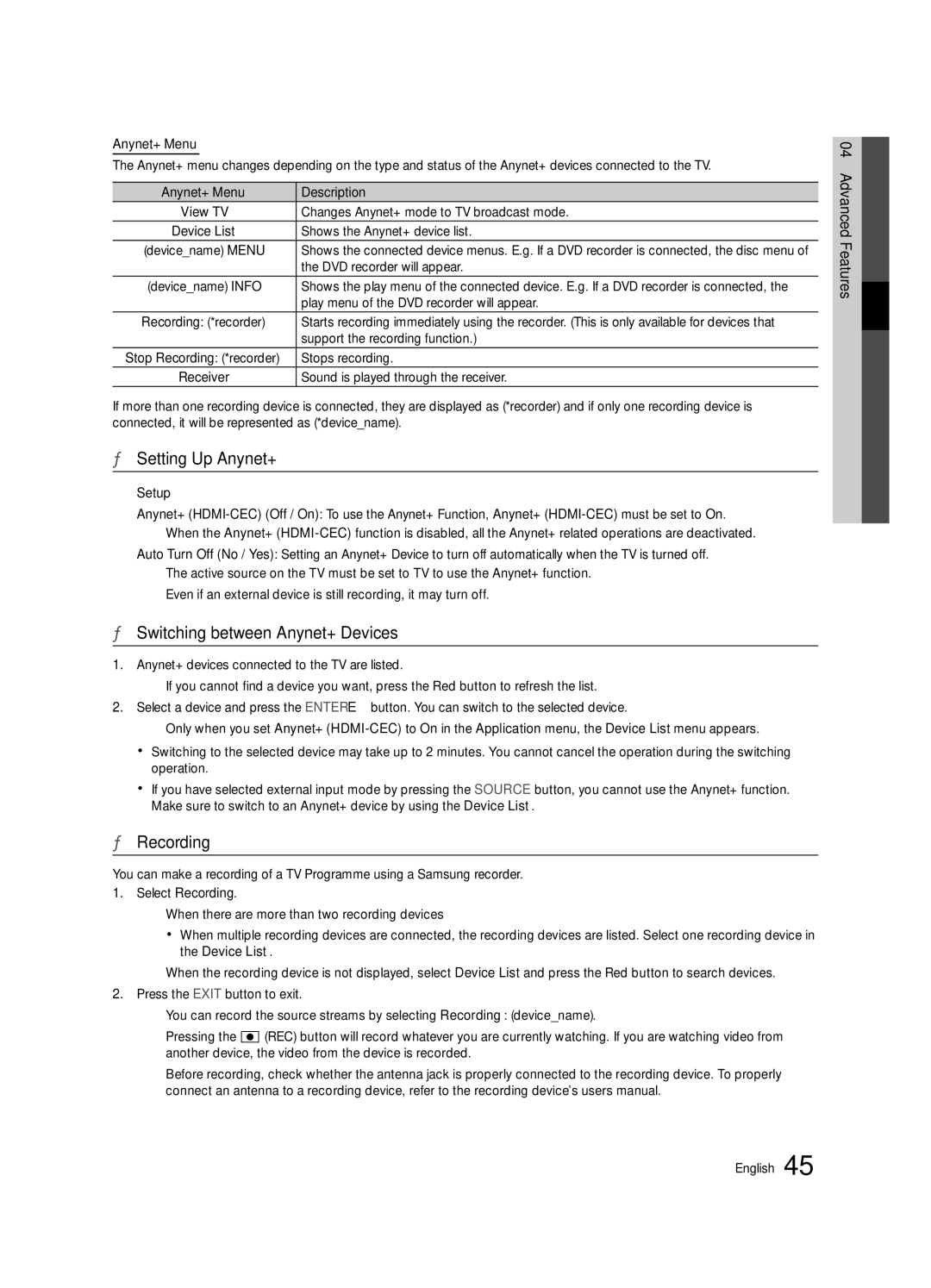 Samsung UE40C6880USXZG, UE32C6880USXZG manual Setting Up Anynet+, Switching between Anynet+ Devices, Recording 