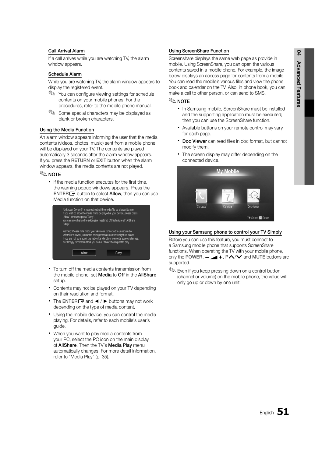 Samsung UE40C6880USXZG, UE32C6880USXZG manual My Mobile 