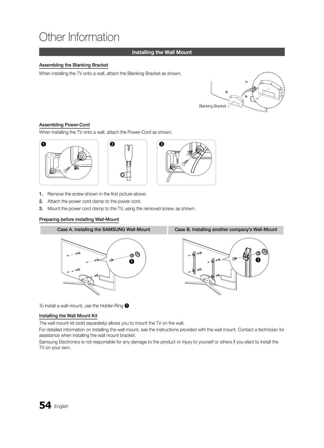 Samsung UE32C6880USXZG, UE40C6880USXZG manual Installing the Wall Mount, Blanking Bracket 