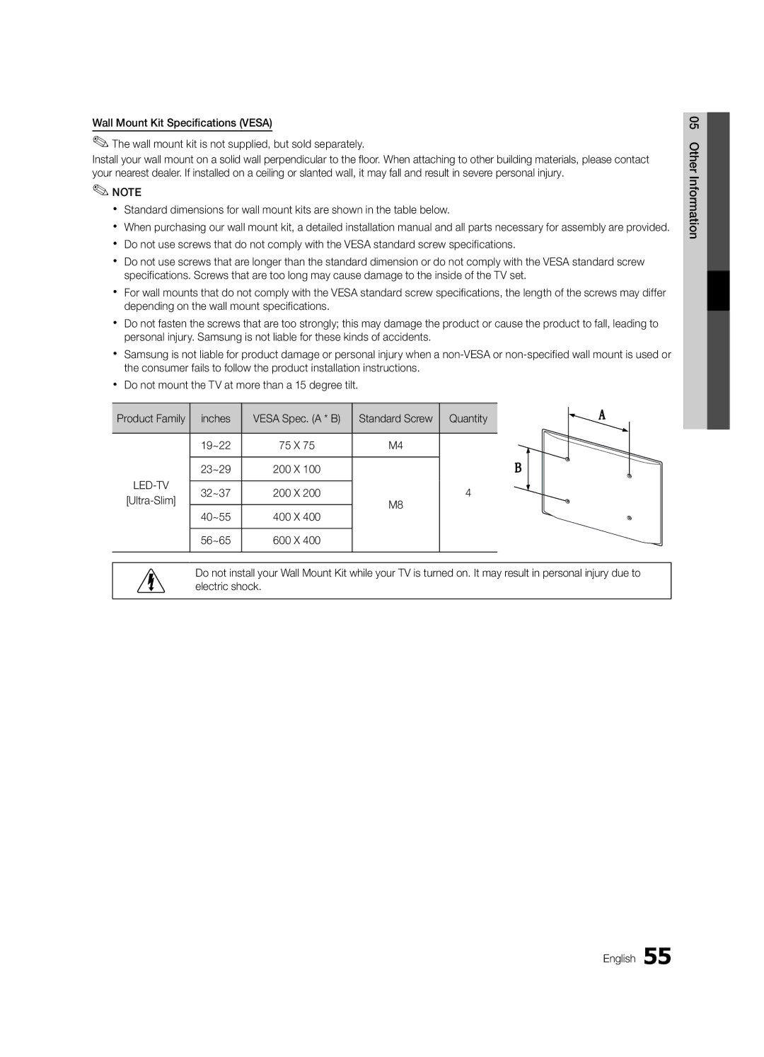 Samsung UE40C6880USXZG, UE32C6880USXZG manual Inches, Quantity, 19~22, 23~29, 32~37, 40~55, 56~65 