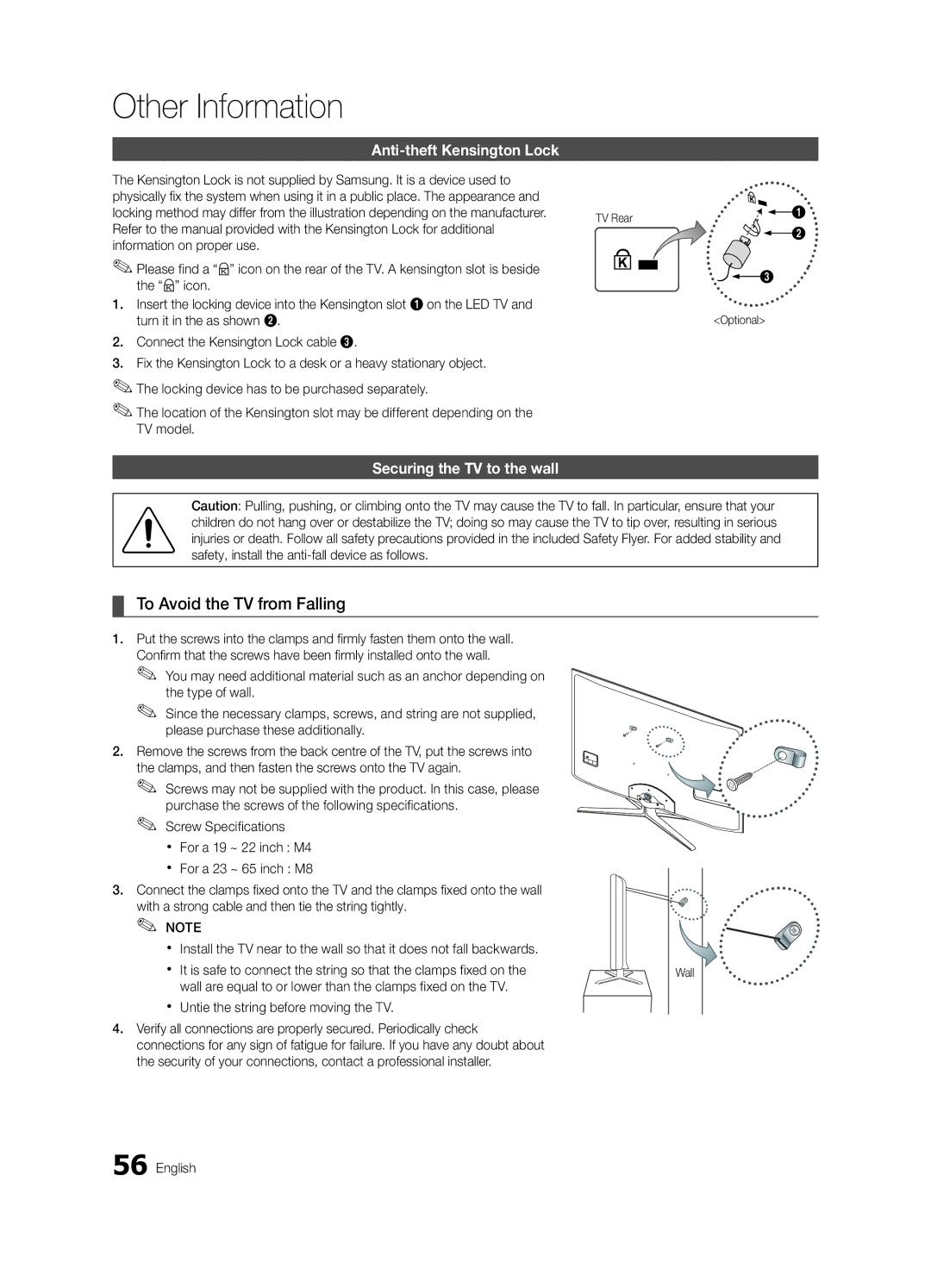 Samsung UE32C6880USXZG To Avoid the TV from Falling, Anti-theft Kensington Lock, Securing the TV to the wall, TV Rear 