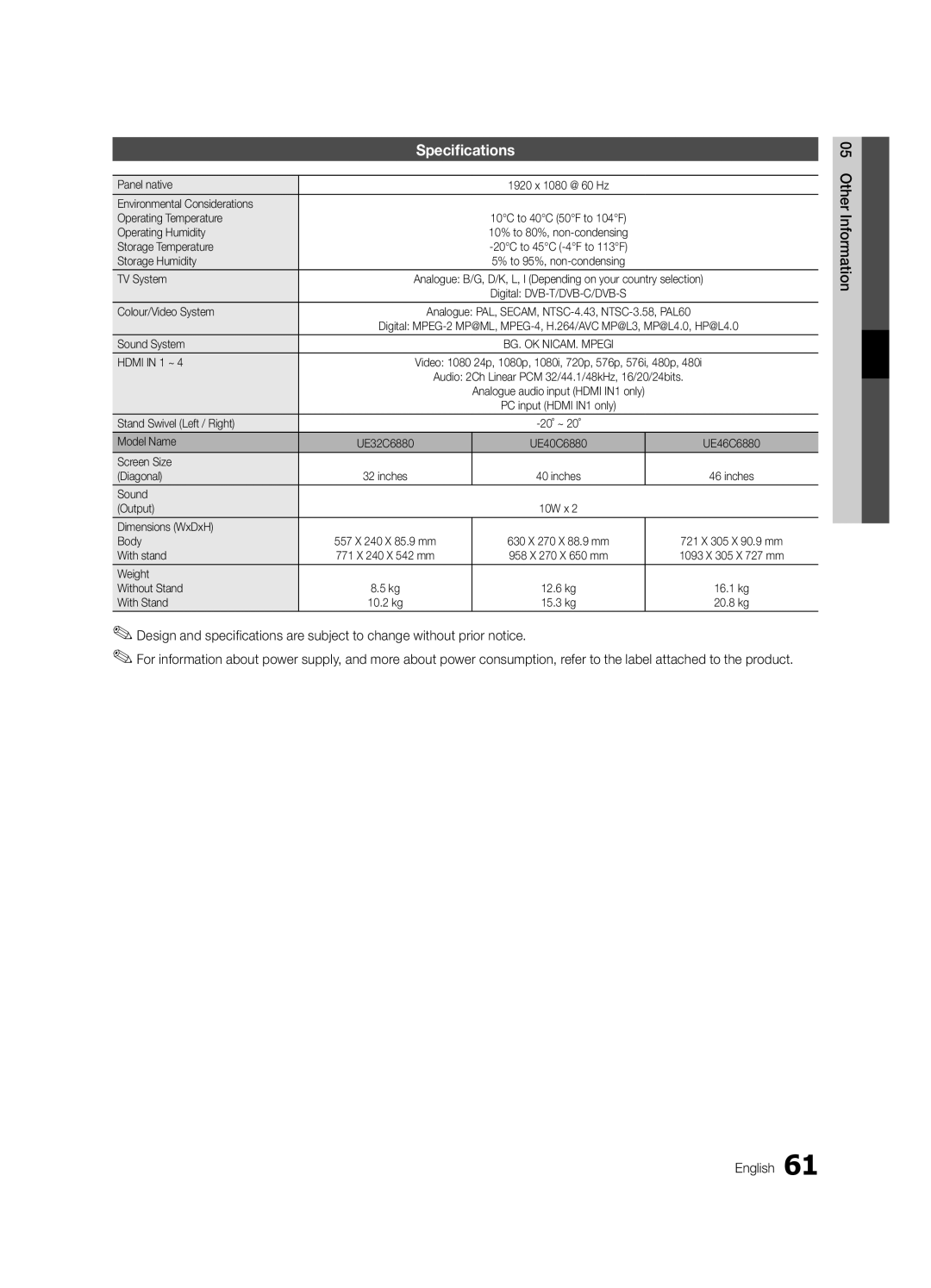 Samsung UE40C6880USXZG, UE32C6880USXZG manual Specifications 