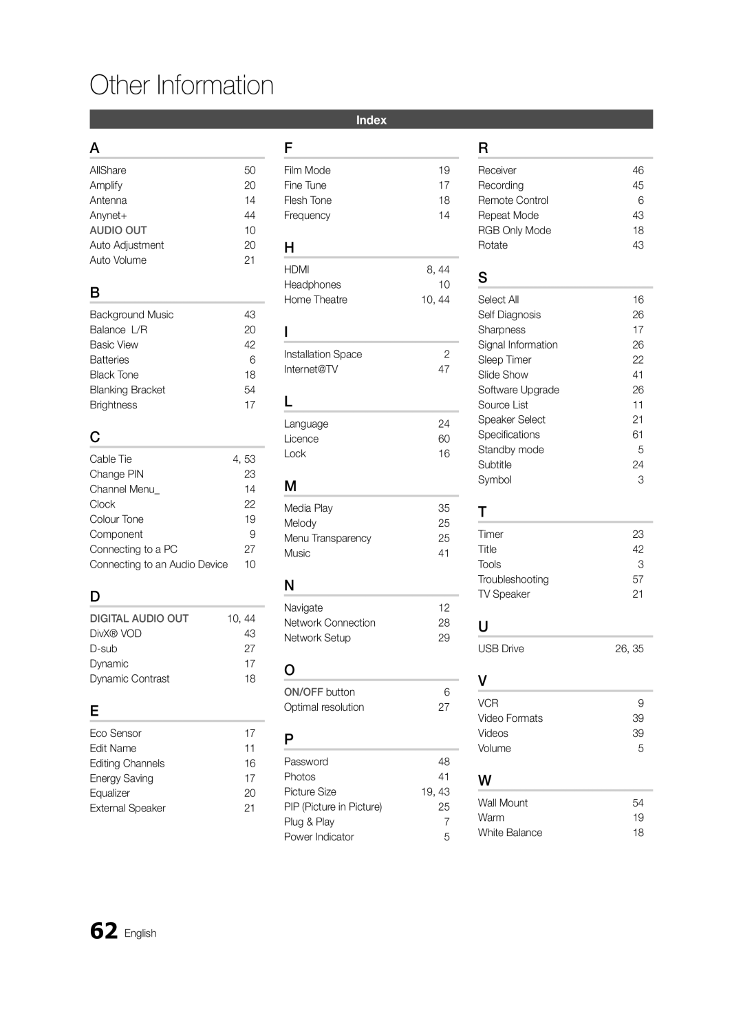 Samsung UE32C6880USXZG, UE40C6880USXZG manual Index, AllShare Amplify Antenna Anynet+ 