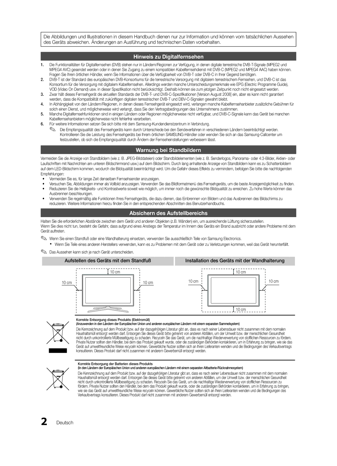 Samsung UE32C6880USXZG, UE40C6880USXZG Absichern des Aufstellbereichs, Aufstellen des Geräts mit dem Standfuß, Deutsch 